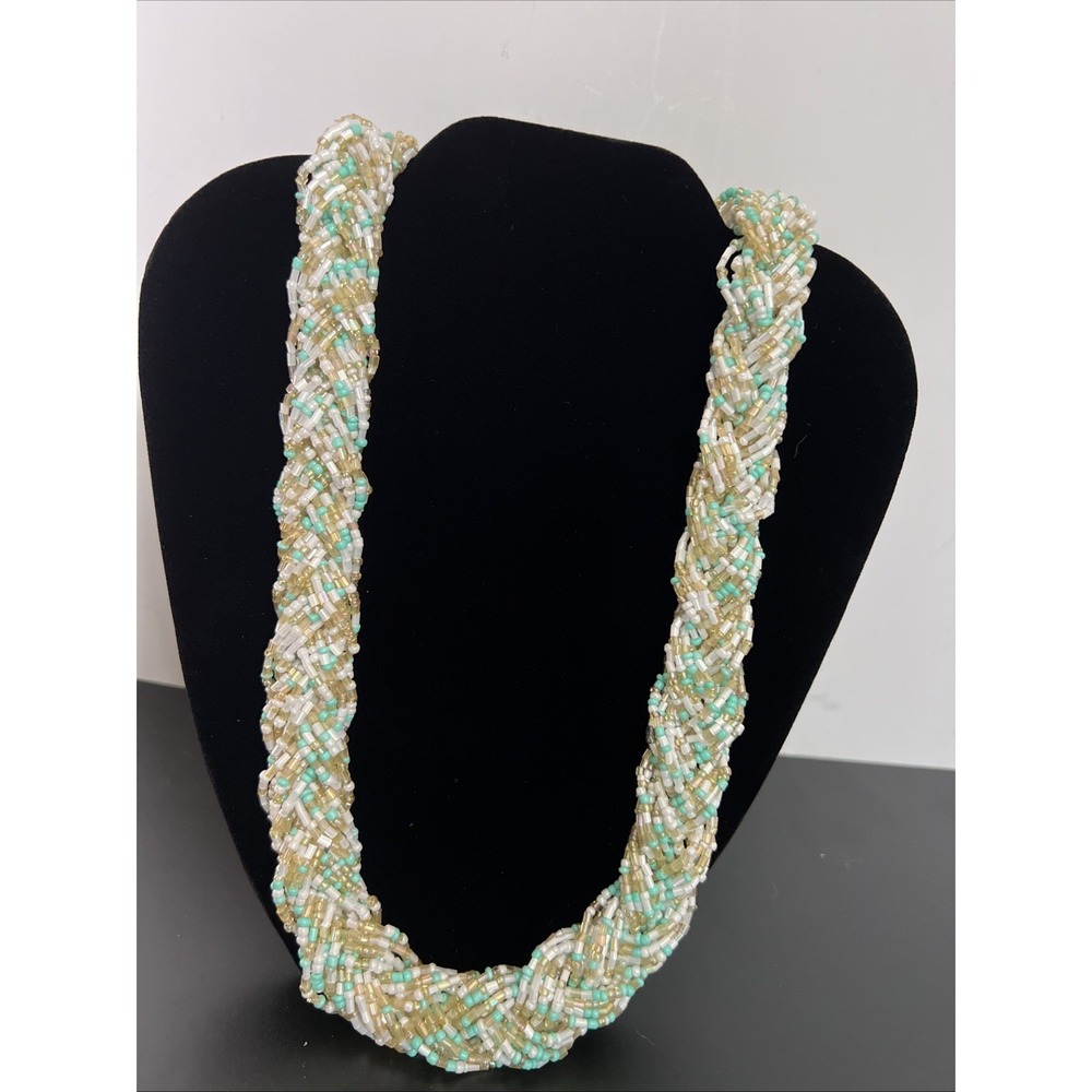 Vintage Pastel Turquoise White Pale Yellow Seed Bead‎ Woven Braided 23" Necklace